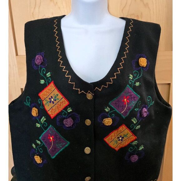 Vintage Wool Floral Embroidered Vest  Colorful Patchwork Design & Gold Buttons - Picture 5 of 10